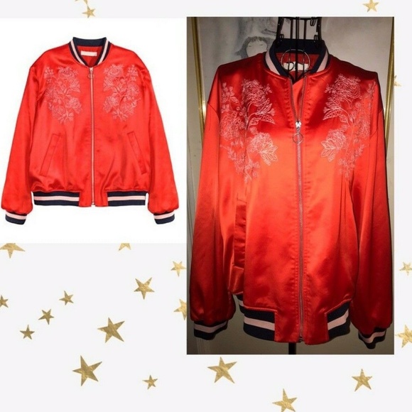 H & M BOLD RED SATIN BOMBER STYLE JACKET WITH PRETTY FLORAL EMBROIDERY~MEDIUM - Picture 1 of 8